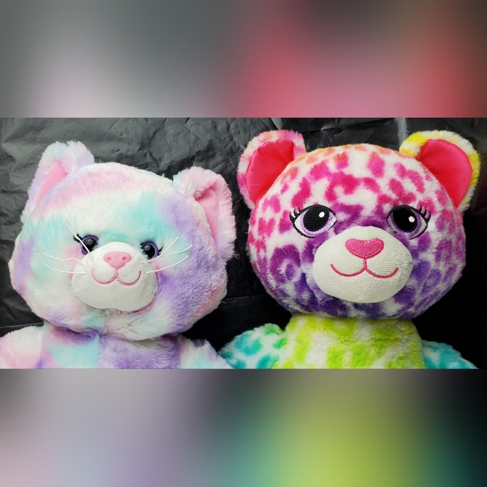 Build-A-Bear BAB Pastel Swirl Kitty Cat & Rainbow Leopard Plush - Lot of 2 - EUC